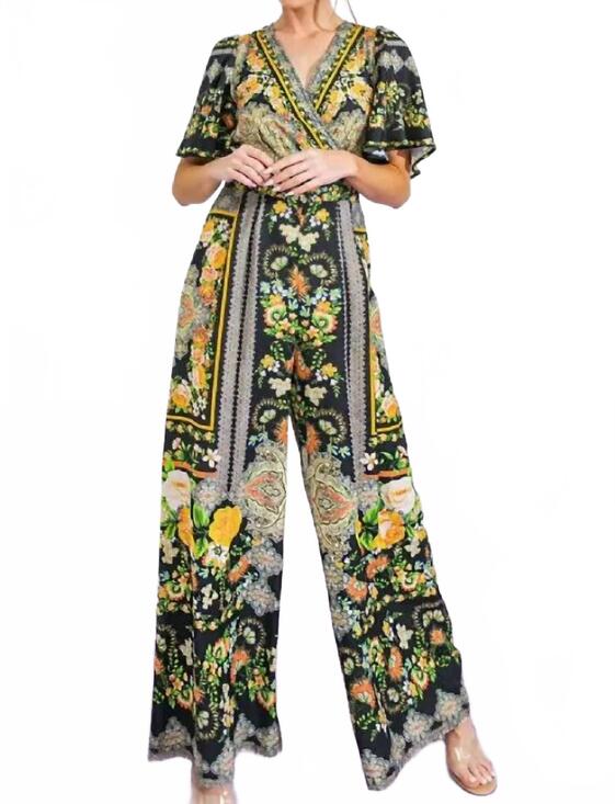 FLYING TOMATO Pants - NEW FLYING TOMATO women's printed woven jumpsuit in black multicolor